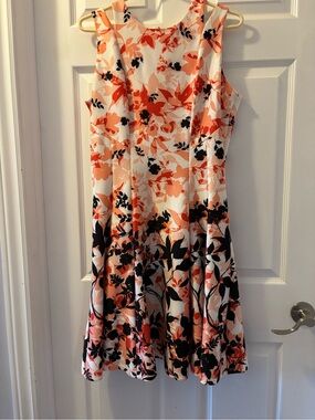 Roz & Ali Cream Floral Midi Dress with Coral and Black Accents